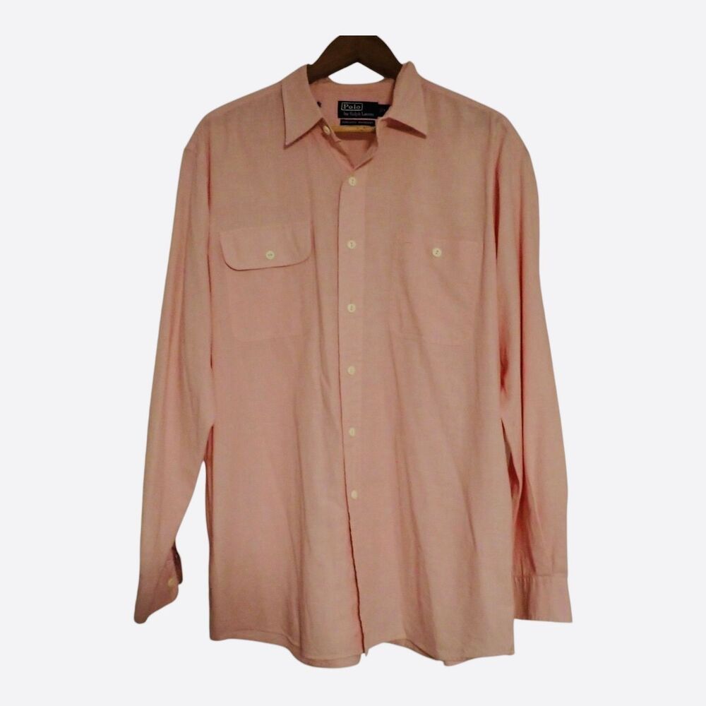 67 Polo Ralph Lauren XL Dungaree Workshirt Pink Distressed Writing -LOOK!